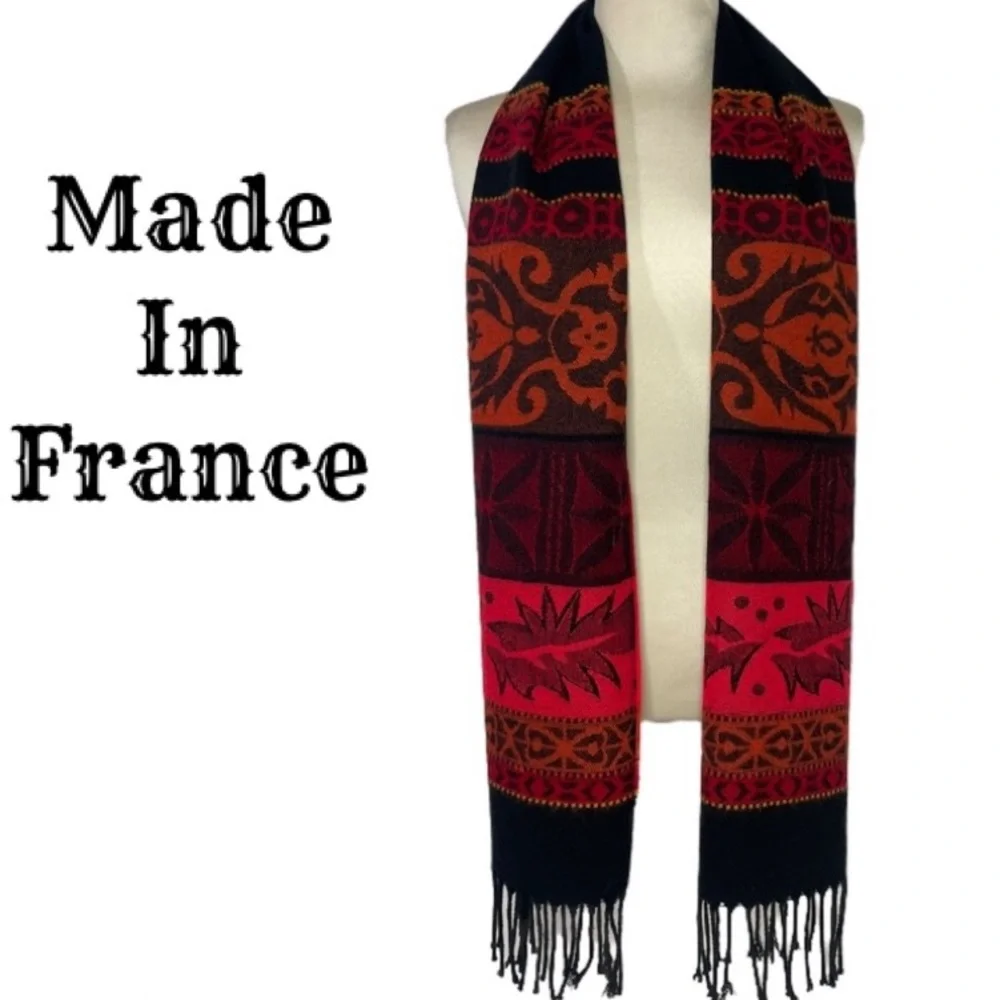 Vintage Scarf French Luxury Knit Winter Statement Pattern Print Made in France